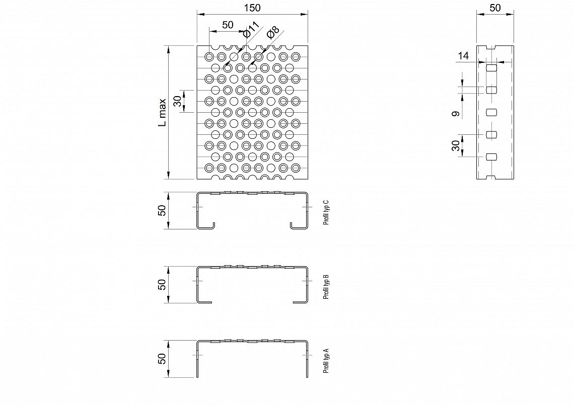 Profilové rošty PRU-150-50/2,5 - oceľ-zinkovaná - 6000x150