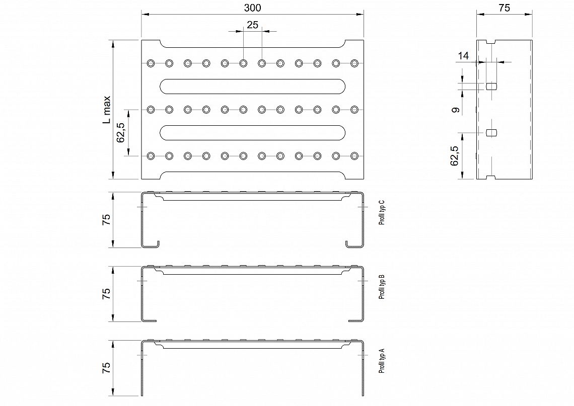 Profilové rošty PST-300-75/2 - nerez V2A (1.4301)-morená - 3000x300