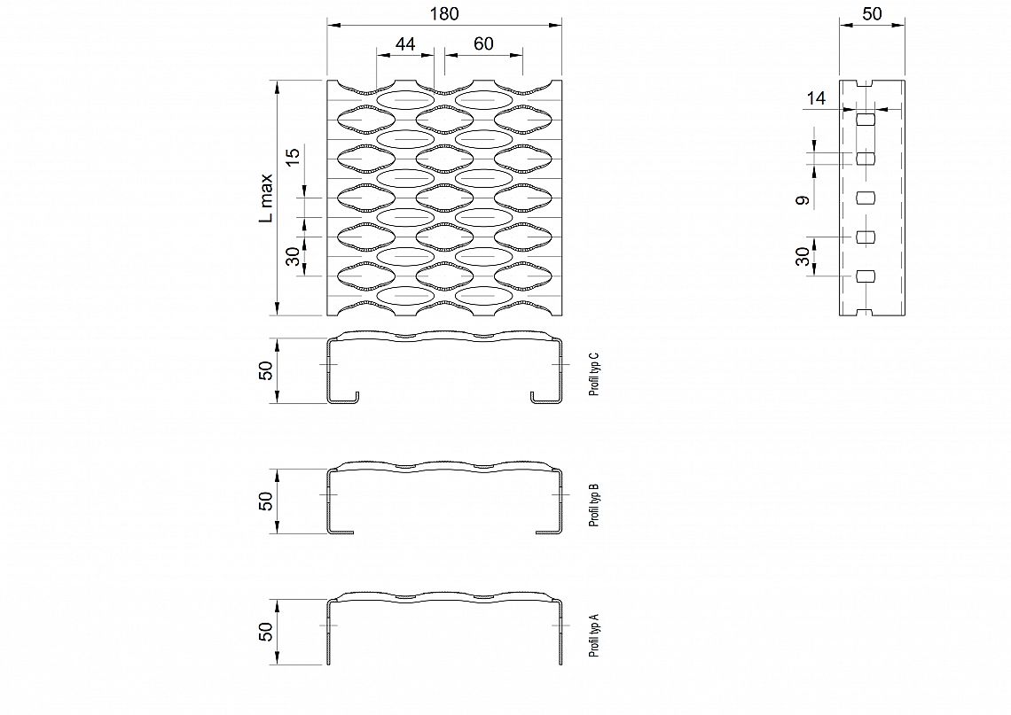 Profilové rošty PSE-180-50/2,5 - nerez V2A (1.4301)-morená - 6000x180