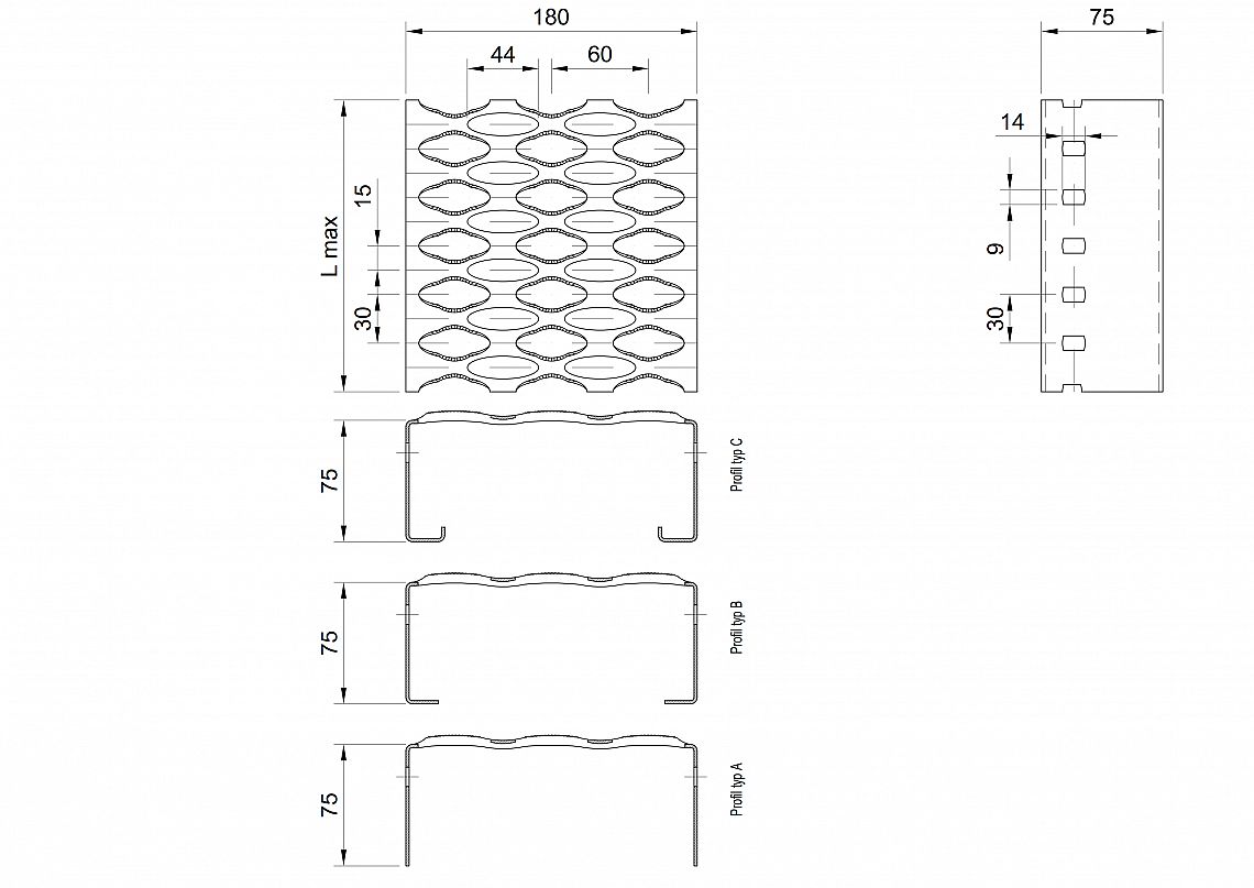 Profilové rošty PSE-180-75/2 - nerez V2A (1.4301)-morená - 6000x180