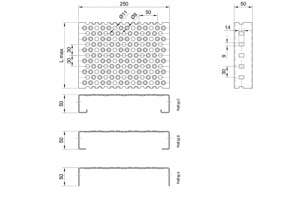 Profilové rošty PRU-250-50/2,5 - oceľ-zinkovaná - 6000x250