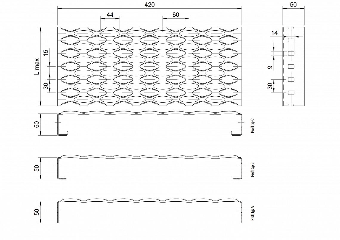 Profilové rošty PSE-420-50/2,5 - nerez V2A (1.4301)-morená - 6000x420