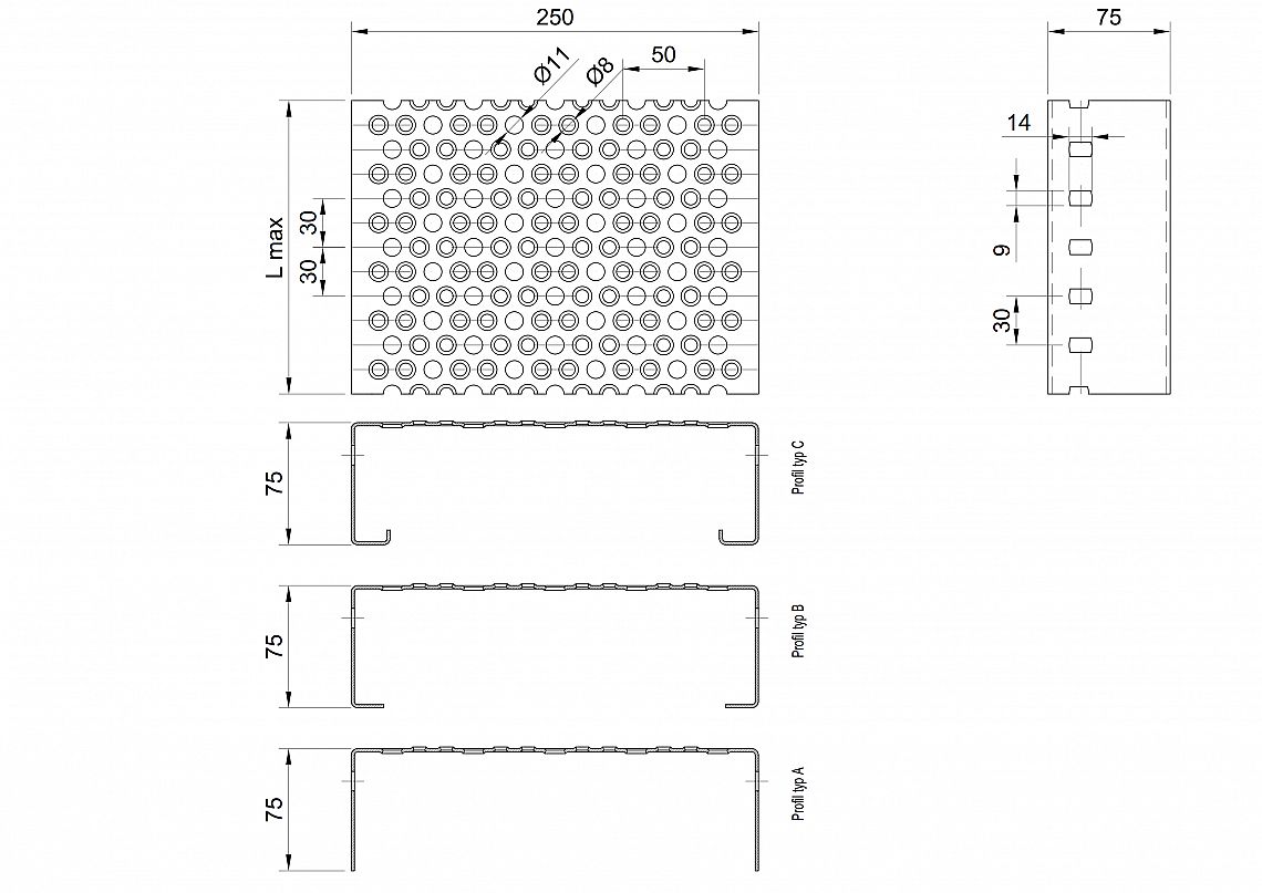 Profilové rošty PRU-250-75/1,5 - oceľ-zinkovaná - 6000x250