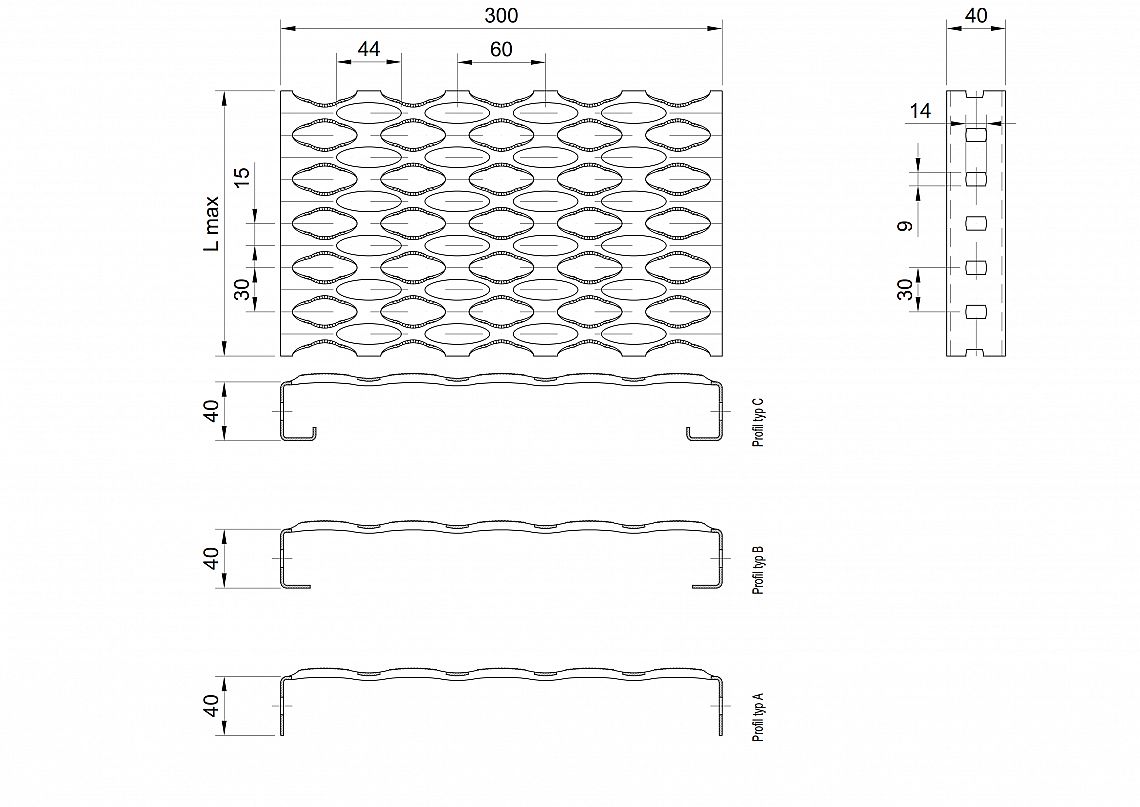 Profilové rošty PSE-300-40/2 - nerez V2A (1.4301)-morená - 6000x300