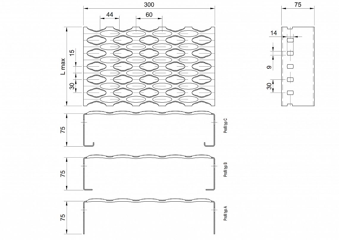 Profilové rošty PSE-300-75/2 - nerez V2A (1.4301)-morená - 6000x300