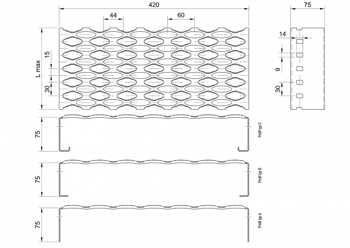 Profilové rošty PSE-420-75/2 - nerez V2A (1.4301)-morená - 6000x420