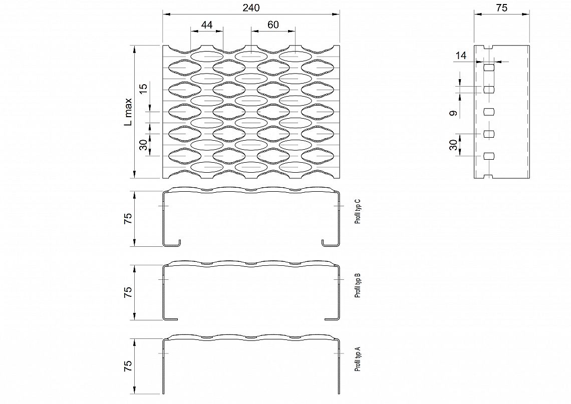 Profilové rošty PSE-240-75/2,5 - hliník-surový - 6000x240