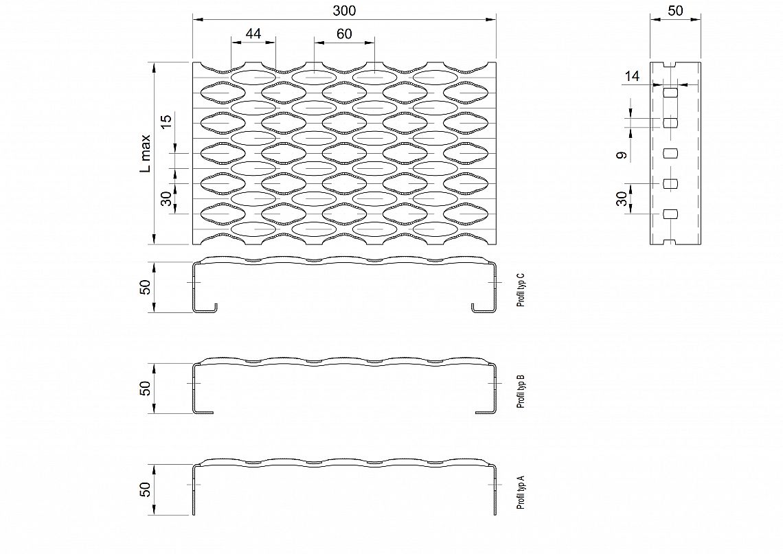 Profilové rošty PSE-300-50/2 - nerez V2A (1.4301)-morená - 6000x300