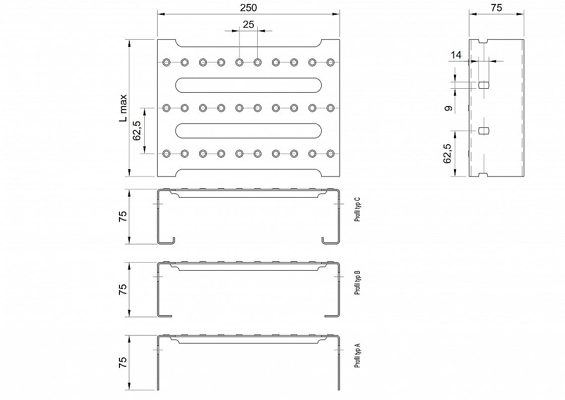 Profilové rošty PST-250-75/2,5 - oceľ-zinkovaná - 6000x250