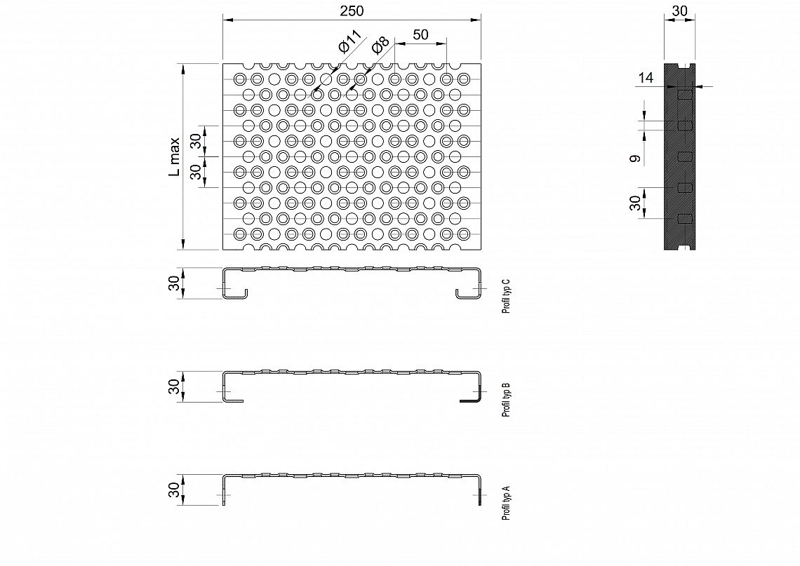 Profilové rošty PRU-250-30/1,5 - oceľ-zinkovaná - 6000x250