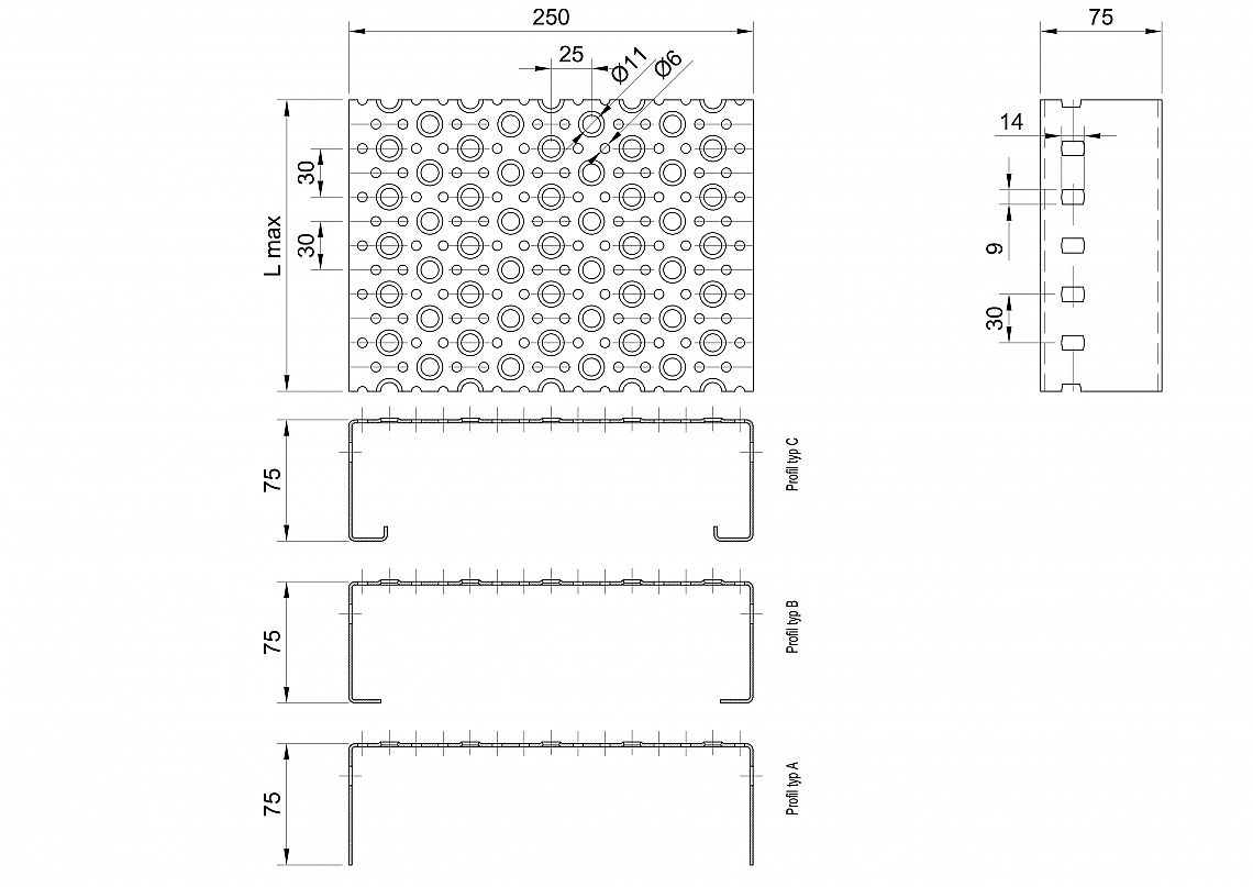 Profilové rošty POF-250-75/1,5 - oceľ-zinkovaná - 6000x250