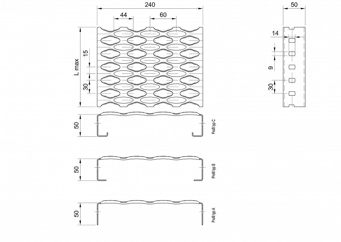 Profilové rošty PSE-240-50/2,5 - hliník-surový - 6000x240