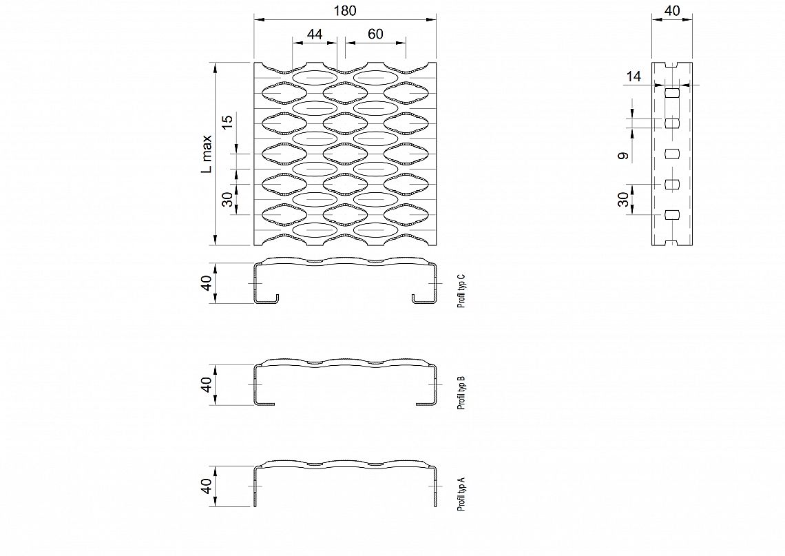 Profilové rošty PSE-180-40/2 - nerez V2A (1.4301)-morená - 6000x180